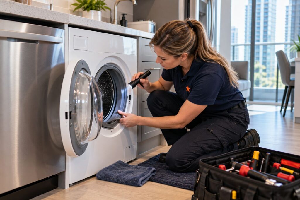 Technician checking the door gasket of a front-load washer-dryer in a Toronto condo kitchen