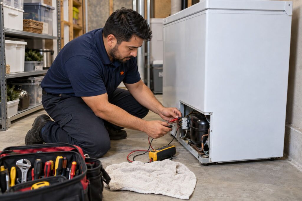 Technician testing the compressor start relay of a chest freezer in a basement
