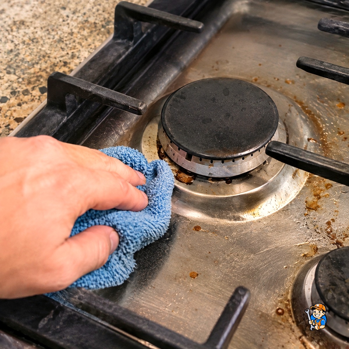 Keeping Your Appliances Running Smoothly in Hamilton 4 Technician cleaning grease buildup around a stovetop burner