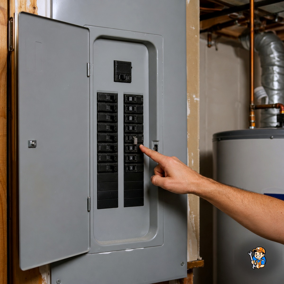 Technician checking a breaker panel before diagnosing an appliance