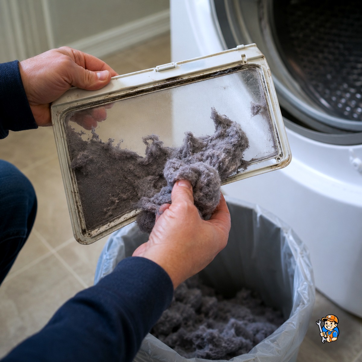 Technician cleaning a dryer lint trap