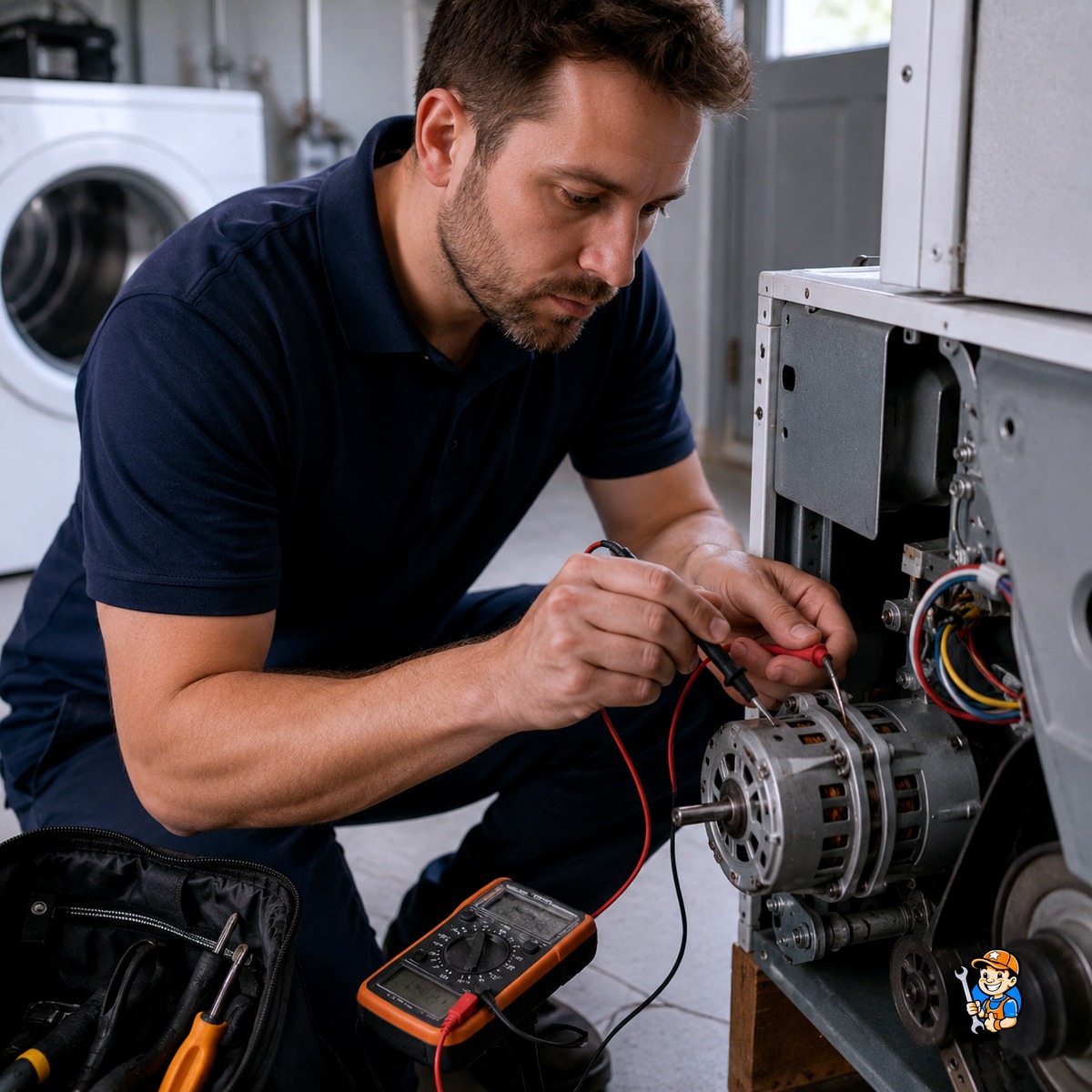Technician diagnosing an appliance component with a testing tool