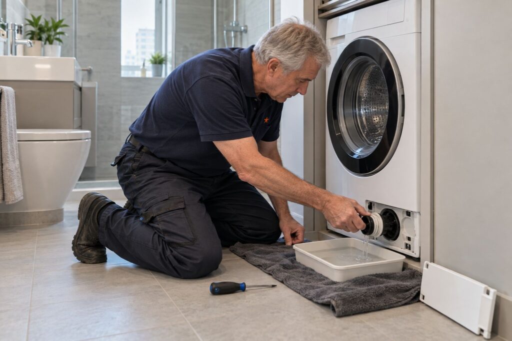 Indesit Appliance Repair in Toronto 81 Technician checking the pump filter of a compact European washer-dryer in a Toronto condo
