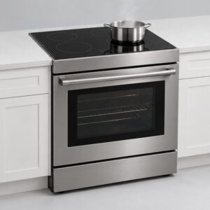Stove Repair 98 Stainless induction range with a pot of water on the black glass cooktop