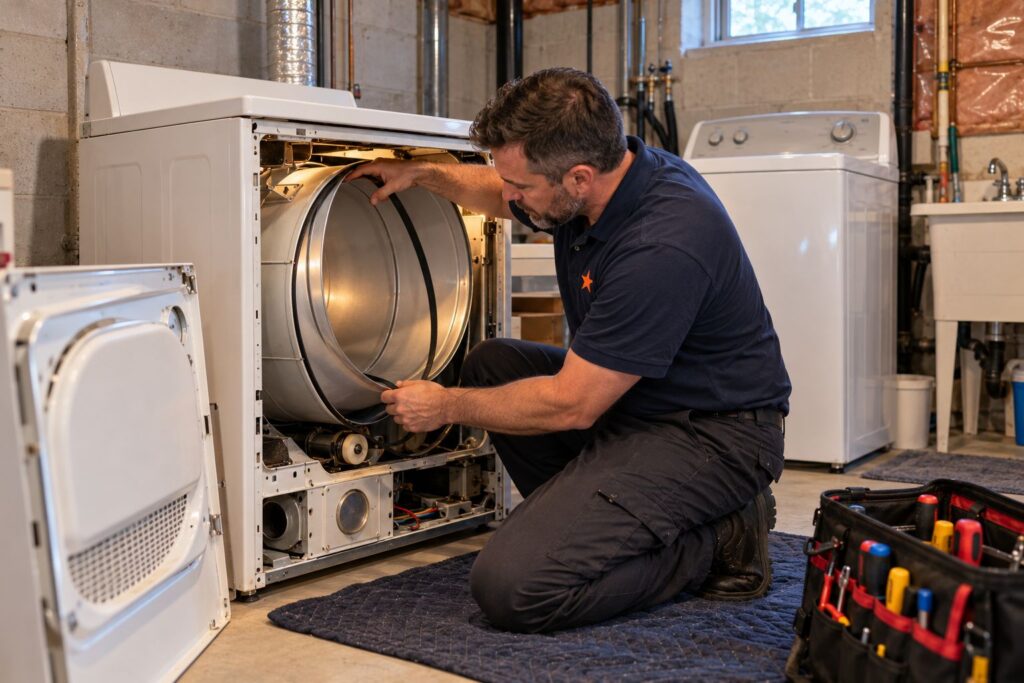 Kenmore Appliance Repair in Toronto 81 Technician replacing the drive belt on an older electric dryer in a Toronto basement
