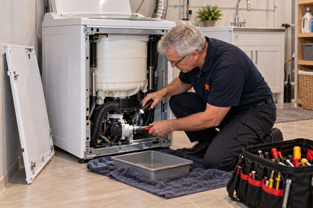 Washing Repair 96 Technician inspecting the drain pump of a top-load washer with the front panel off in a Toronto basement laundry room
