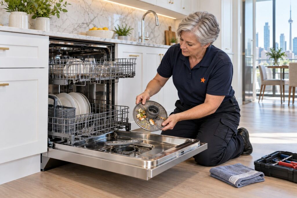Appliance Repair Richmond Hill 1 Technician lifting the filter out of a stainless built-in dishwasher in a home kitchen