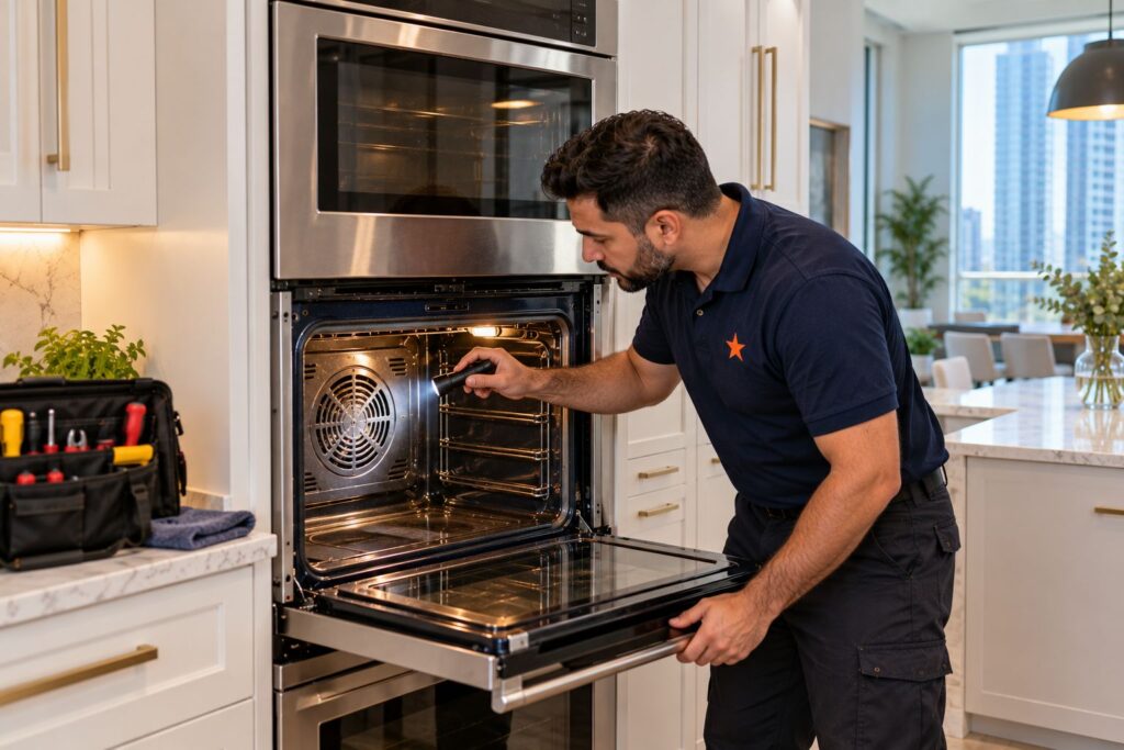 Appliance Repair Vaughan 1 Technician inspecting the convection fan of a built-in double wall oven in a home kitchen