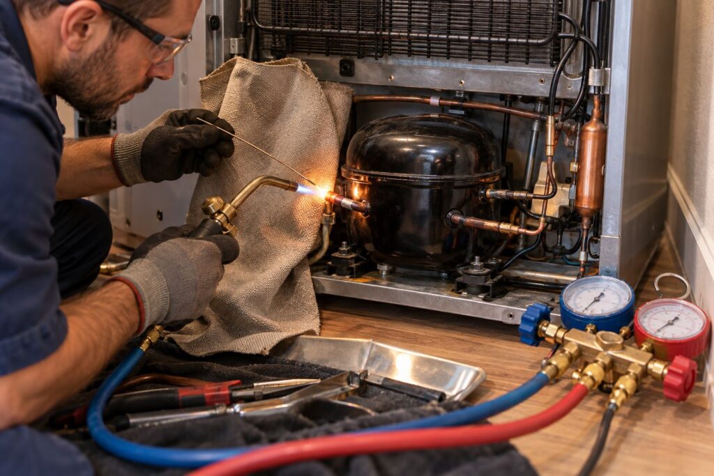 Technician brazing a copper refrigerant line on a refrigerator compressor during a sealed-system repair