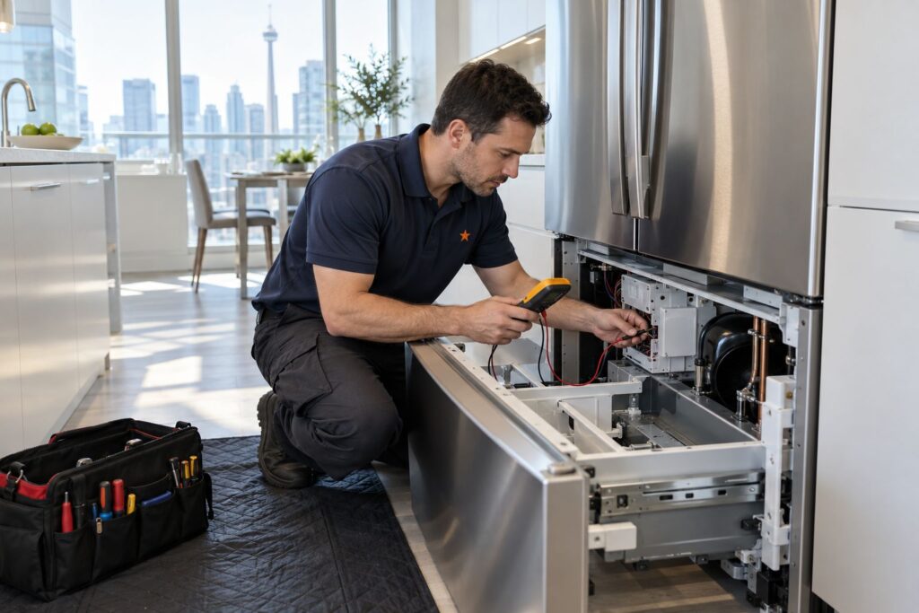 Technician testing the freezer section of a French-door refrigerator with a multimeter in a Toronto condo kitchen