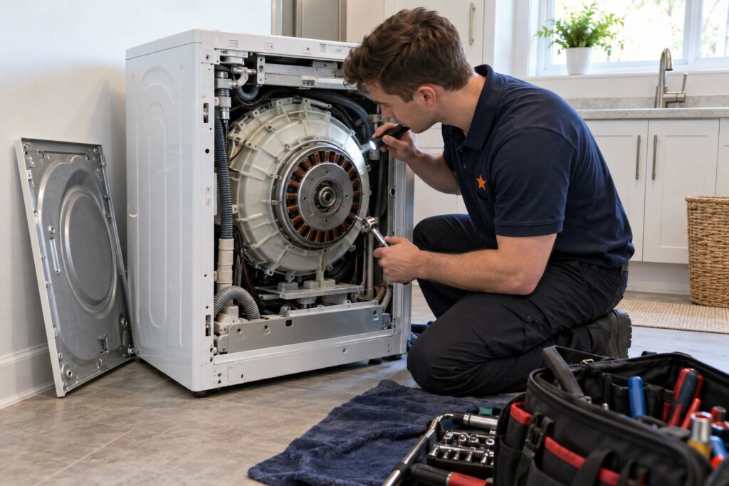 Washing Repair 97 Technician inspecting the direct-drive motor at the back of a front-load washer in a Toronto home