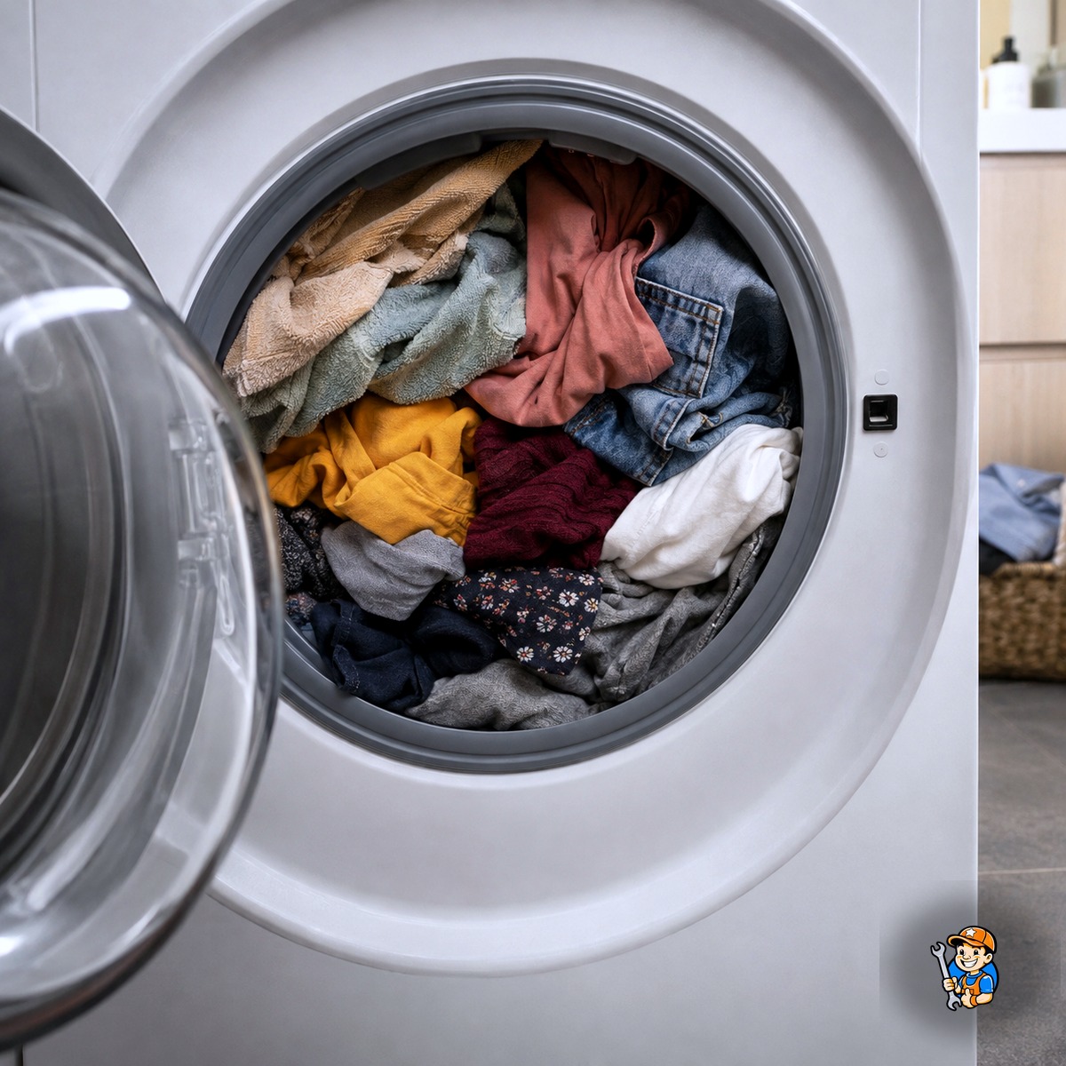 An overloaded washing machine drum with too many clothes