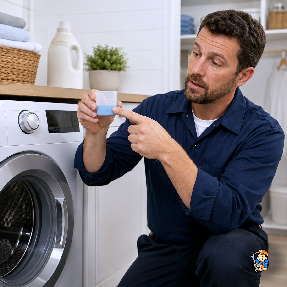 Technician showing the correct detergent type for a high-efficiency washer