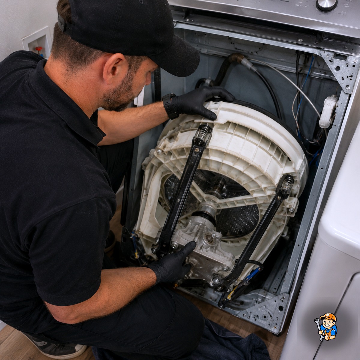 Technician inspecting a washing machine suspension component