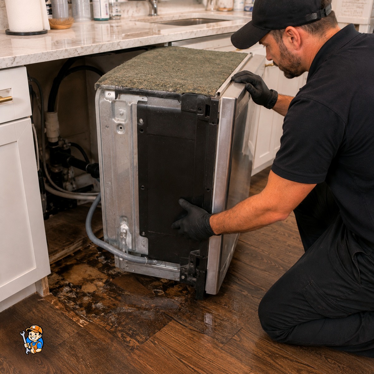 Technician inspecting water damage beneath a dishwasher