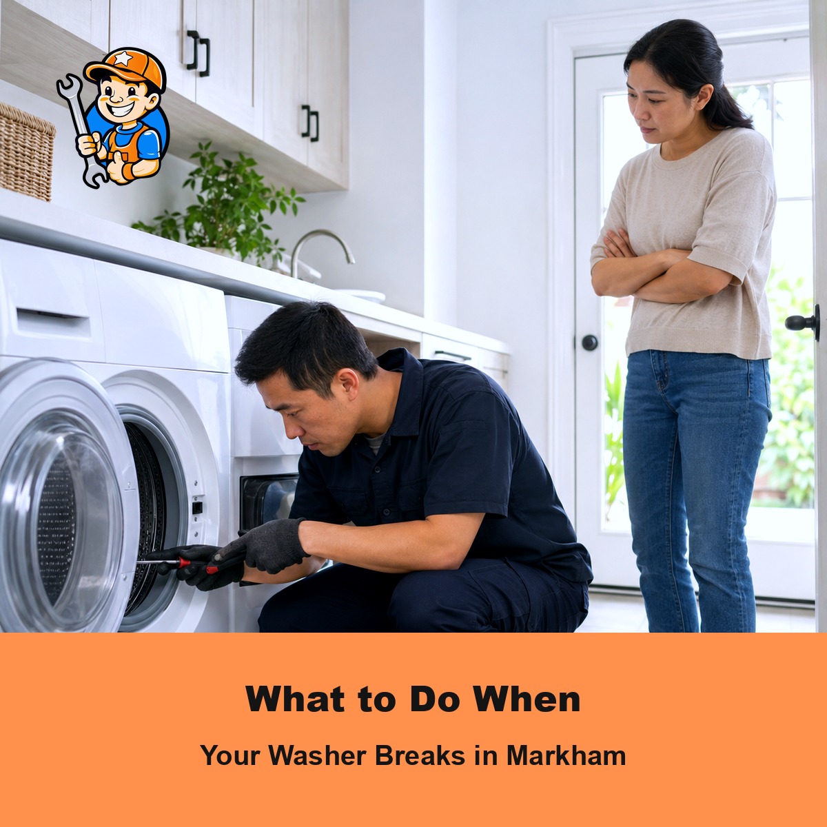 What to Do When Your Washer Breaks in Markham 1 Technician diagnosing a broken washing machine in a Markham home