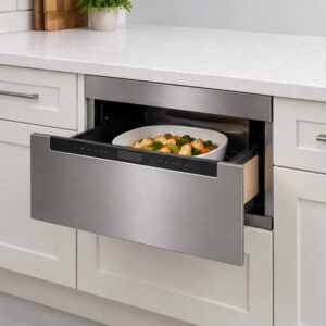 Stainless microwave drawer pulled open under a countertop, with a bowl inside