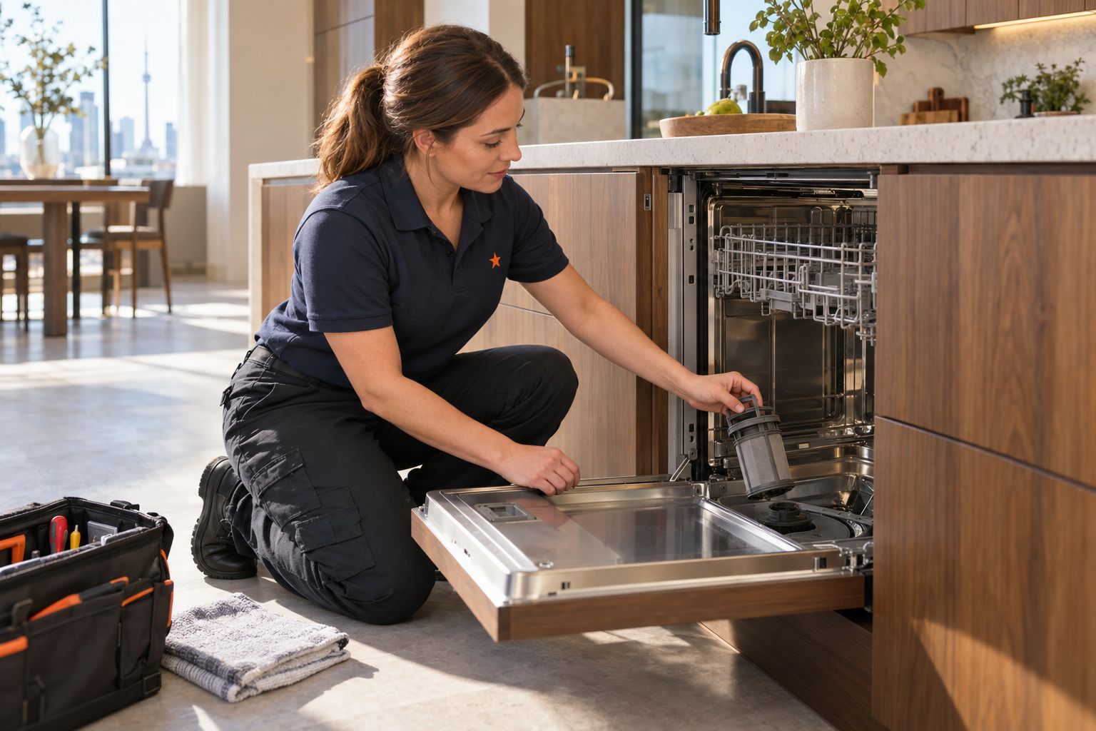 Technician removing the filter combination from an integrated dishwasher in a Toronto kitchen