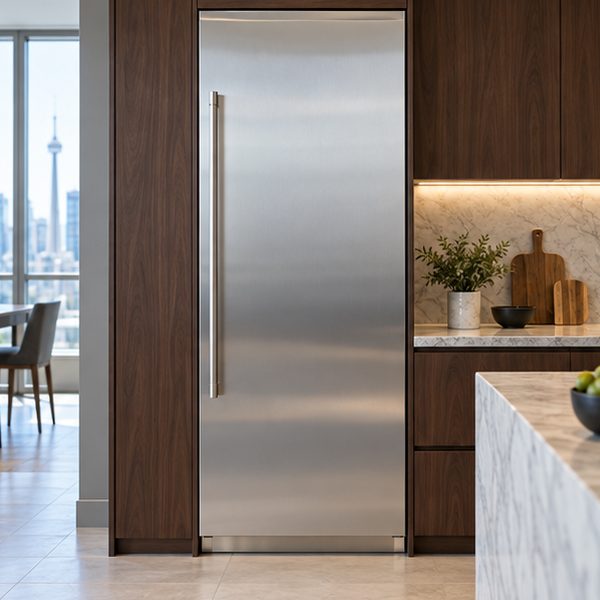 Stainless single-door built-in column refrigerator with a slim vertical handle between walnut cabinets