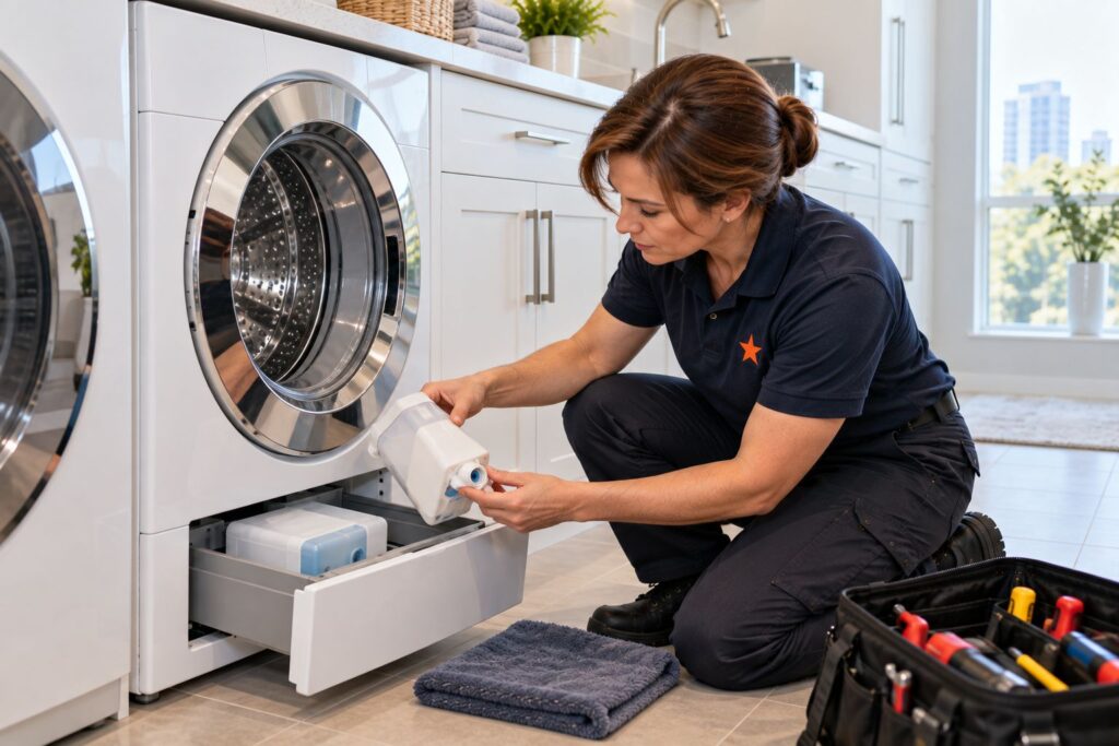 Appliance Repair Aurora 1 Technician inspecting a detergent cartridge from the automatic dosing drawer of a front-load washer in a home