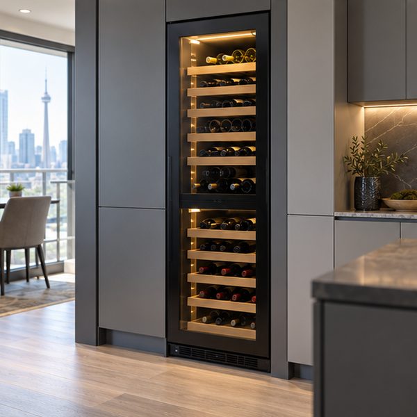 Tall built-in wine refrigerator with a tinted glass door, oak-fronted racks and two temperature zones