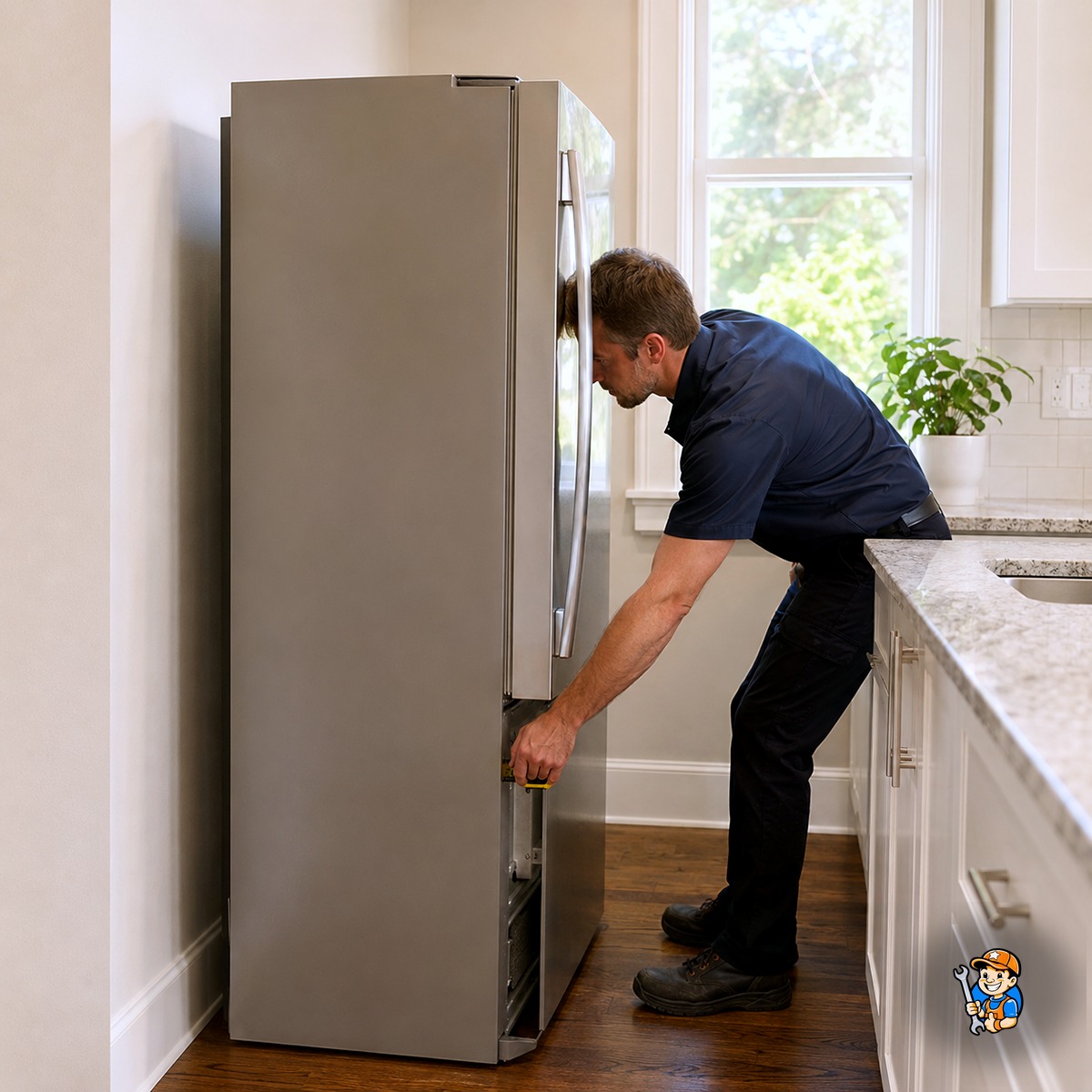 Keeping Appliances Running in Mississauga’s Climate: Pro Tips 4 Technician checking refrigerator airflow clearance in summer