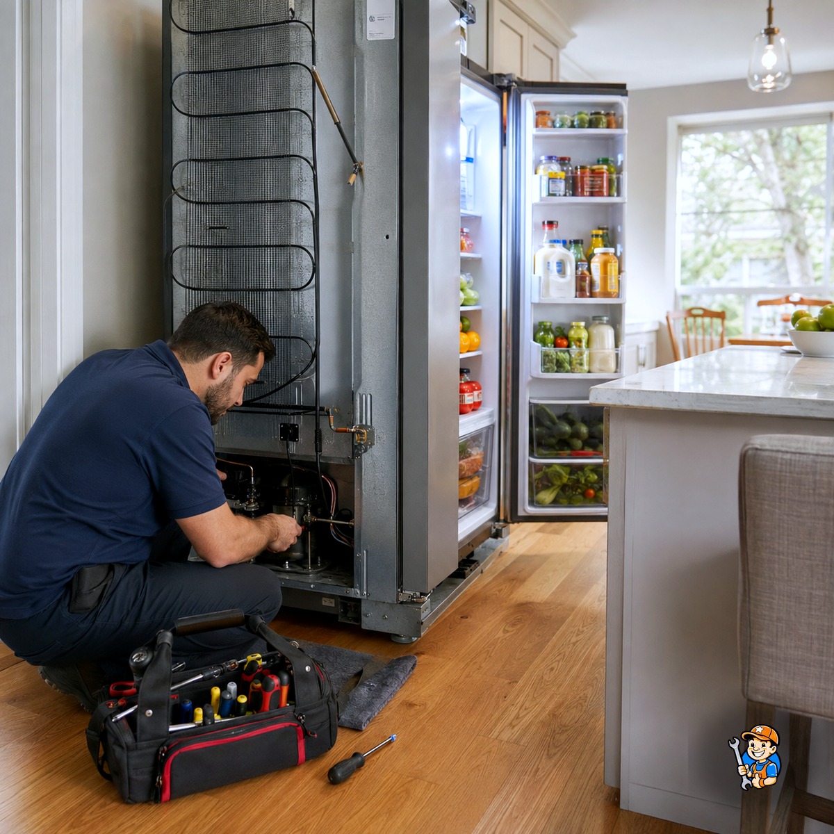How Our Same-Day Repair Service Helps Busy Mississauga Families 4 Technician repairing a family refrigerator stocked with groceries