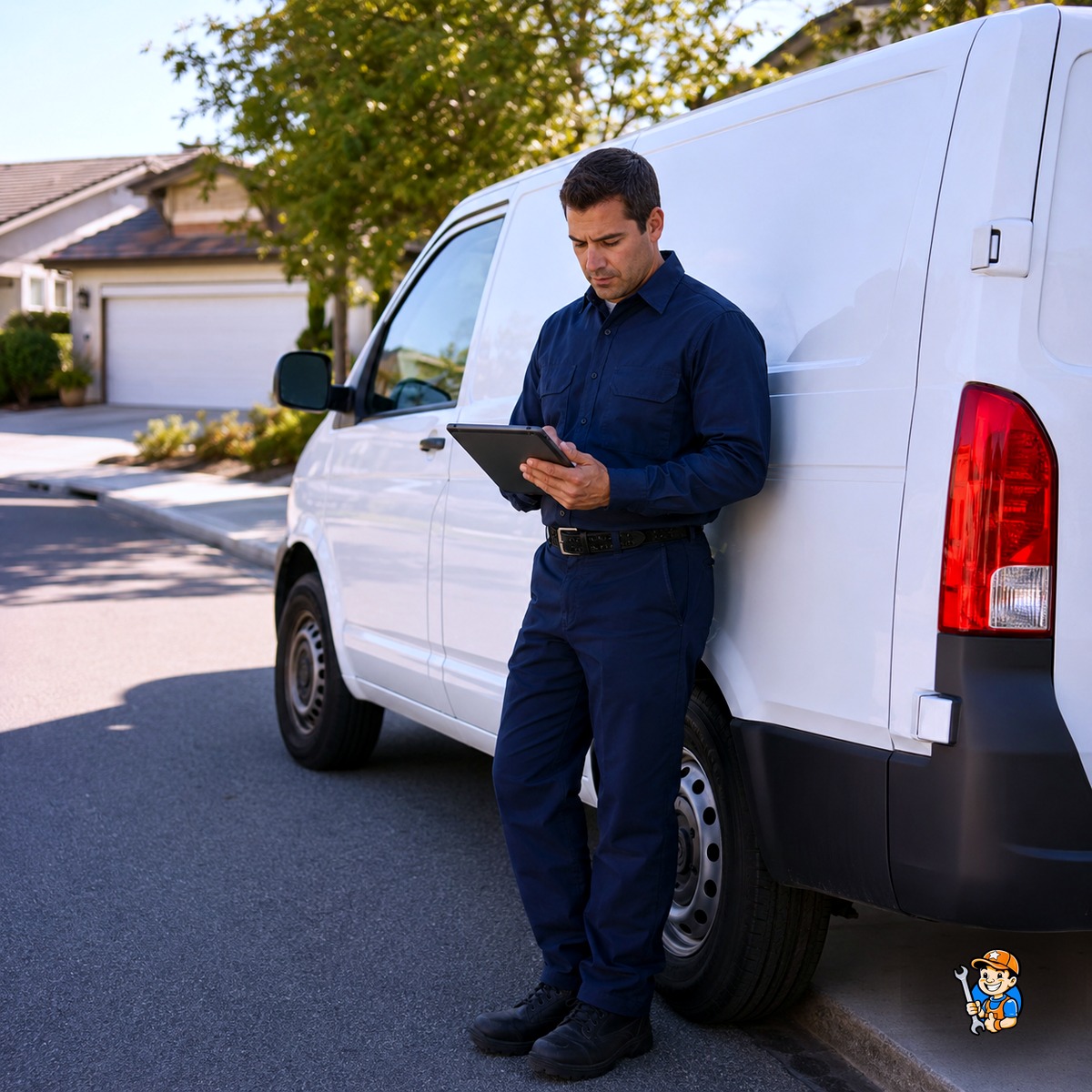 Benefits of Hiring Local Appliance Repair Experts in Mississauga 2 Technician checking the schedule beside a service van