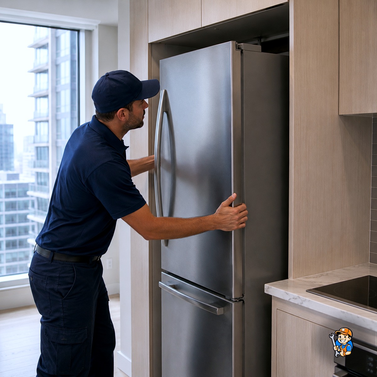 Common Refrigerator Issues in North York Apartments and Homes 2 Technician checking refrigerator ventilation clearance in a tight condo kitchen