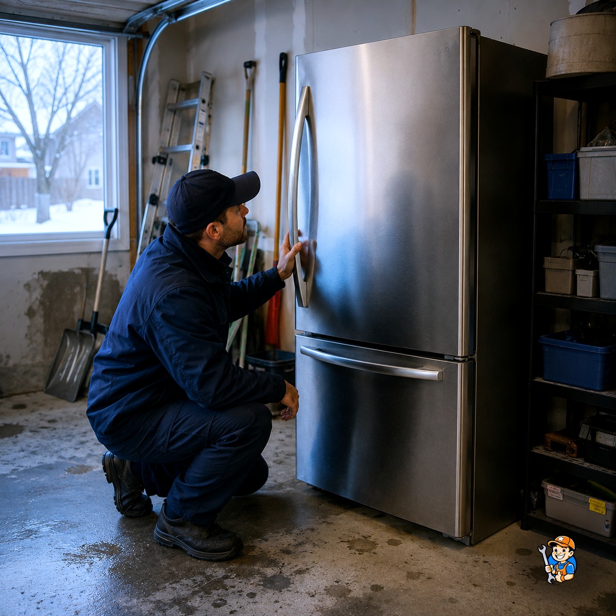 Common Refrigerator Issues in North York Apartments and Homes 3 Technician inspecting a refrigerator in a garage