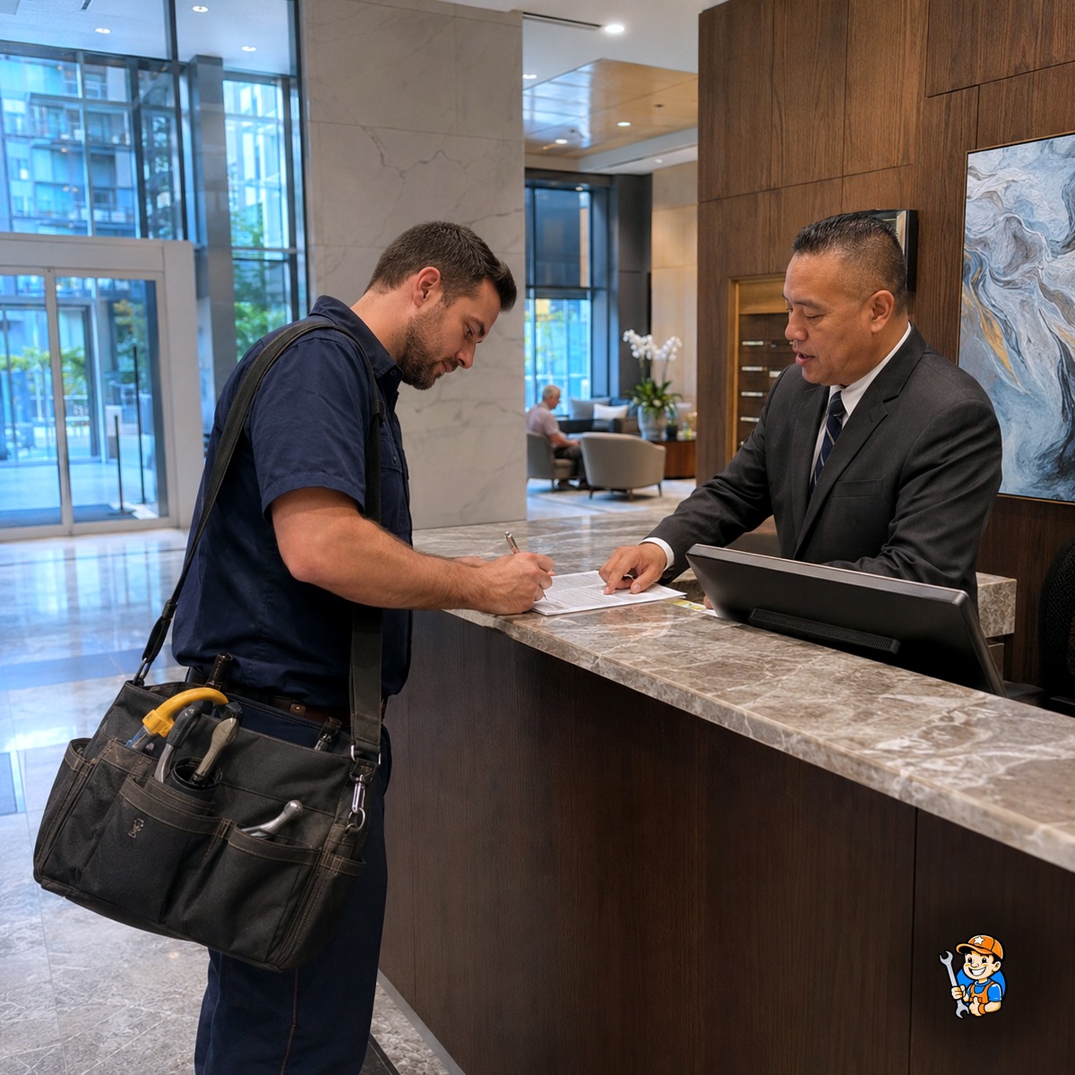 Why North York Residents Trust Local Appliance Repair Services 3 Technician checking in with a North York condo concierge desk