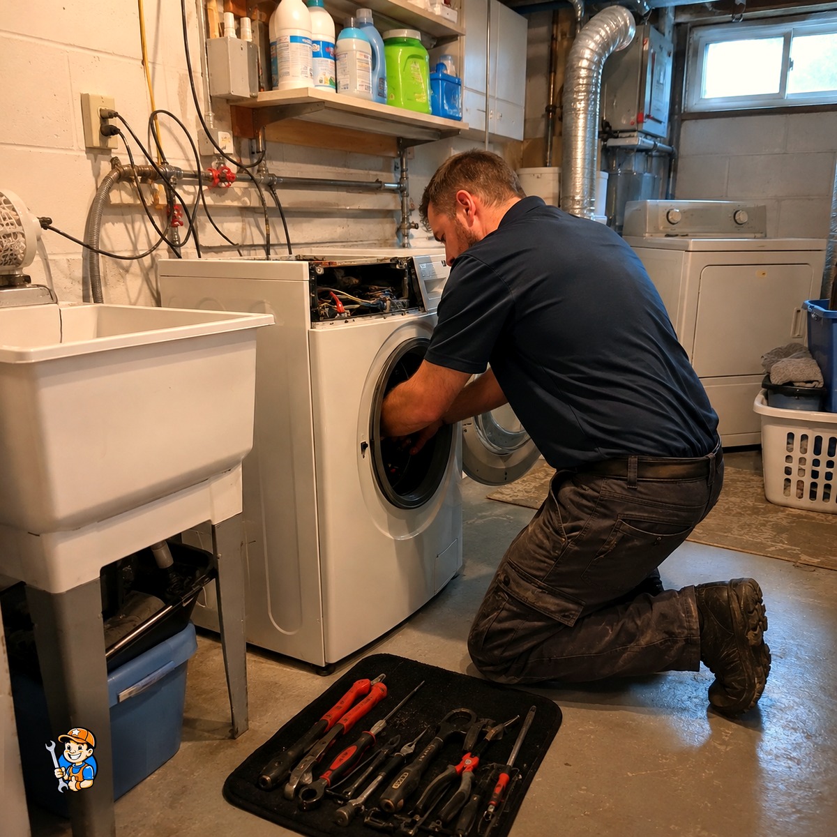 Why North York Residents Trust Local Appliance Repair Services 5 Technician servicing a washer in an older North York bungalow basement