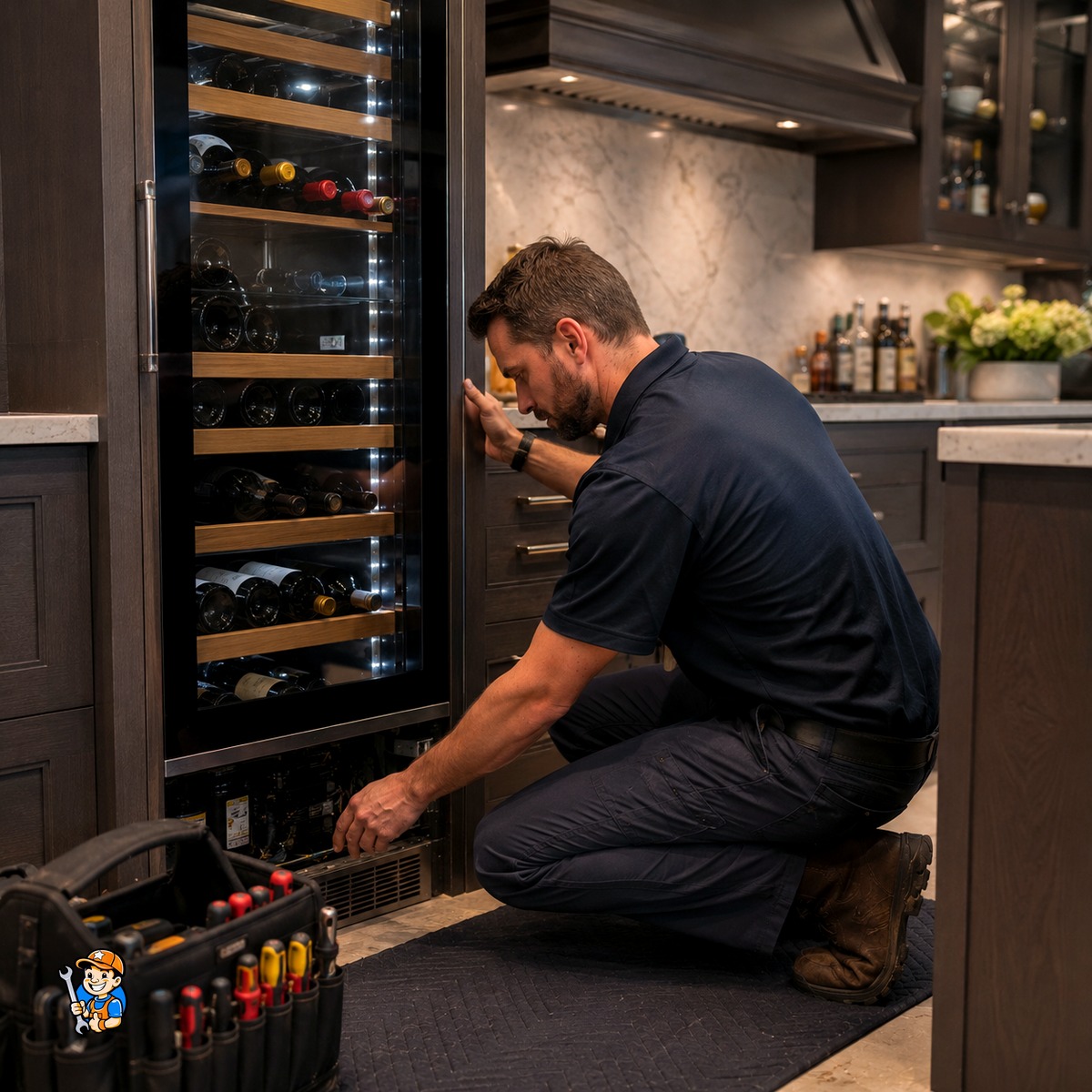 Why North York Residents Trust Local Appliance Repair Services 7 Technician inspecting a built-in wine refrigerator