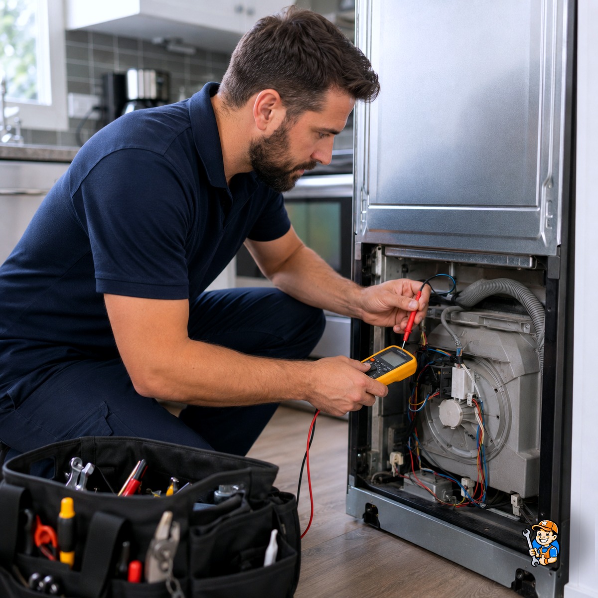Technician diagnosing an appliance component with a testing tool