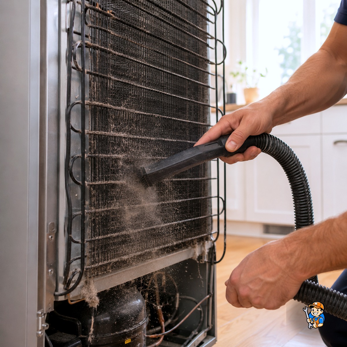 Seasonal Appliance Care Tips for North York Homeowners 2 Technician cleaning refrigerator condenser coils