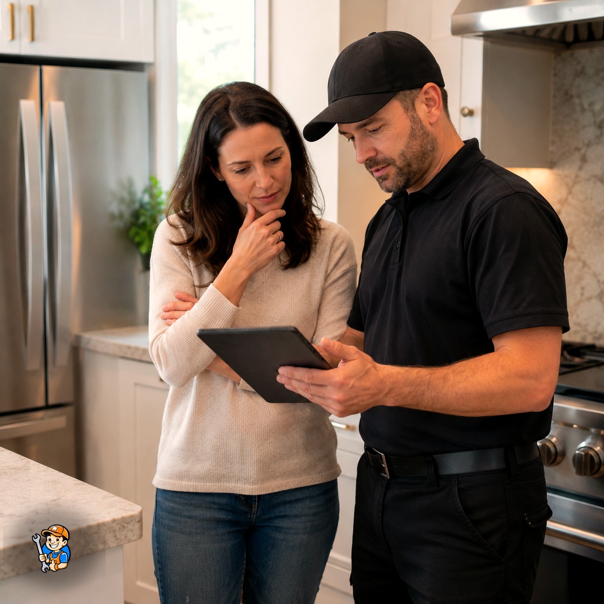 1. What Oakville Residents Need to Know About Appliance Repair Costs 4 Technician discussing repair versus replacement with an Oakville homeowner