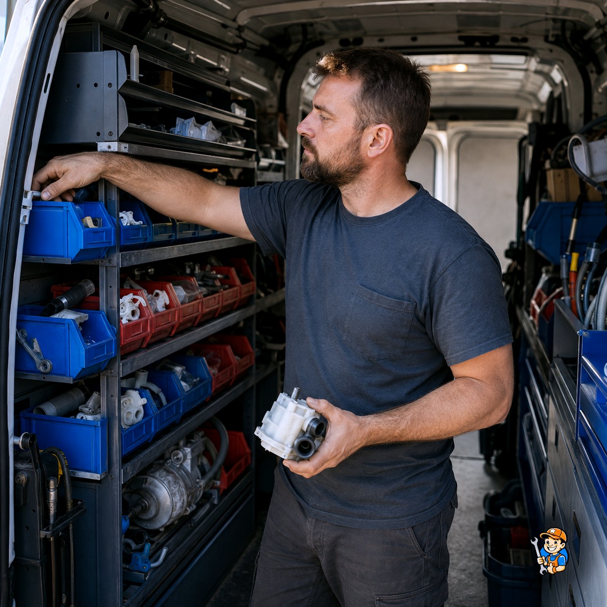 How We Deliver Fast, Reliable Appliance Repairs in Oakville 3 Technician selecting a stocked replacement part from a service van