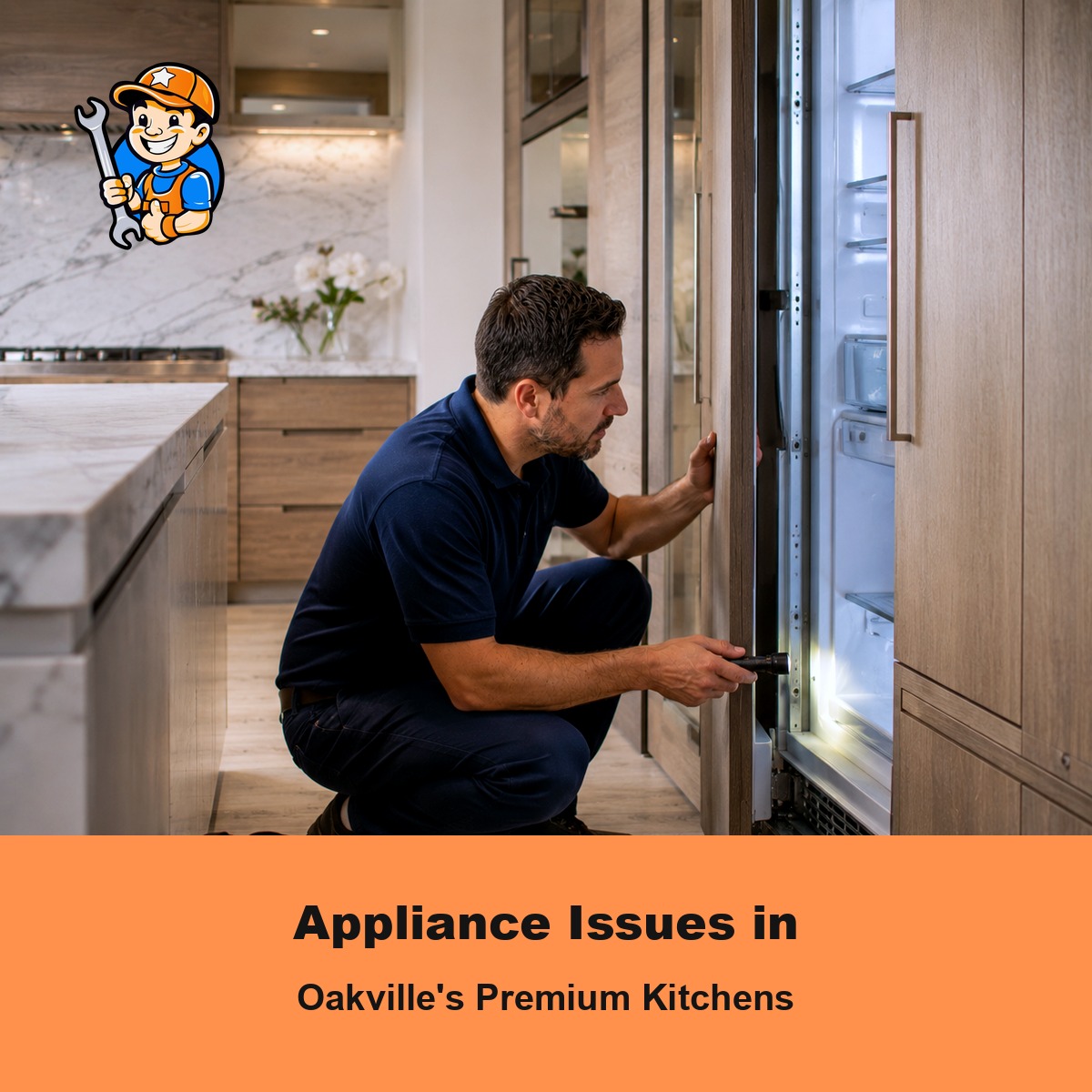 Appliance Issues That Happen Most in Oakville Kitchens 1 Technician diagnosing a built-in kitchen appliance issue in an Oakville home