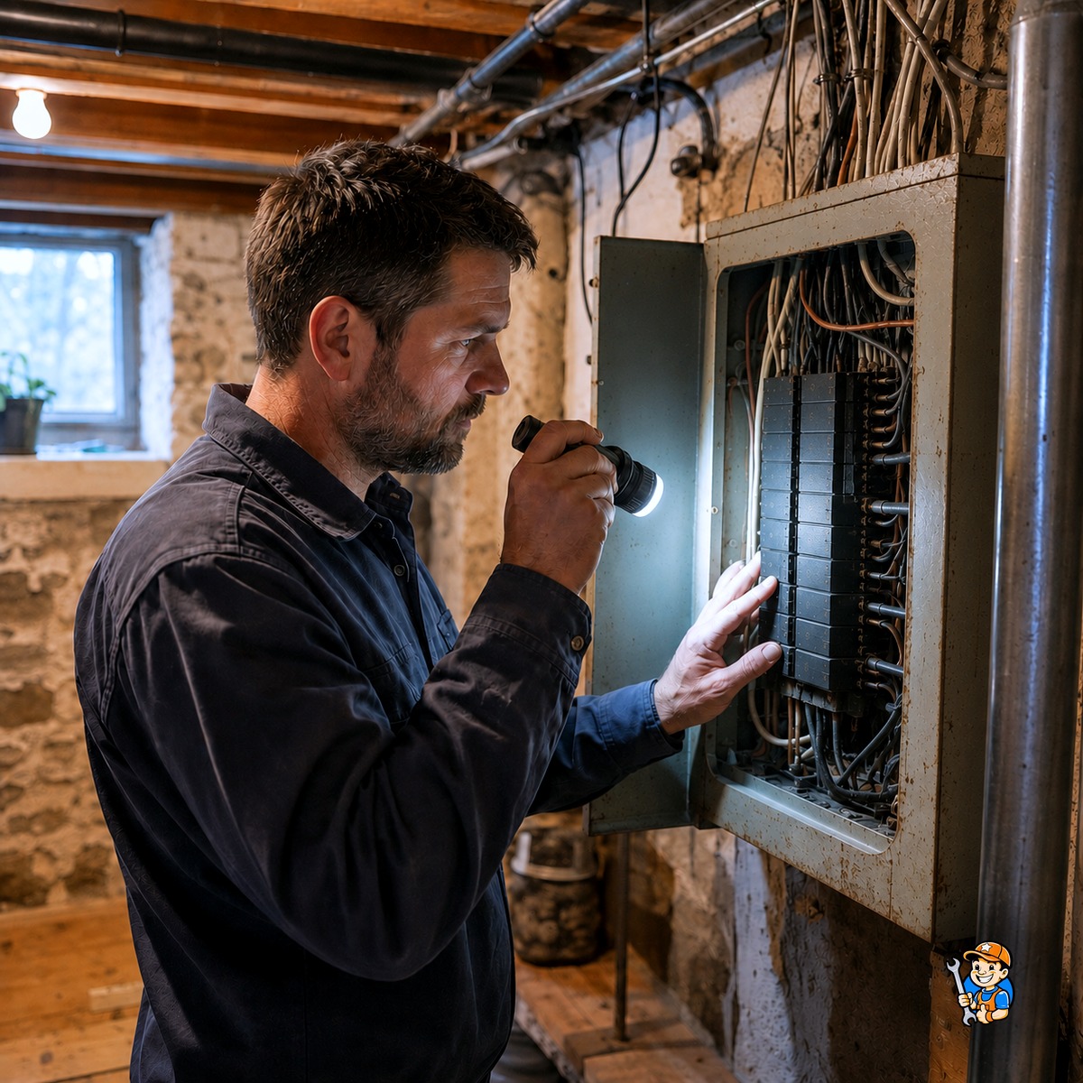 Appliance Issues That Happen Most in Oakville Kitchens 4 Technician checking a breaker panel in an older Oakville home