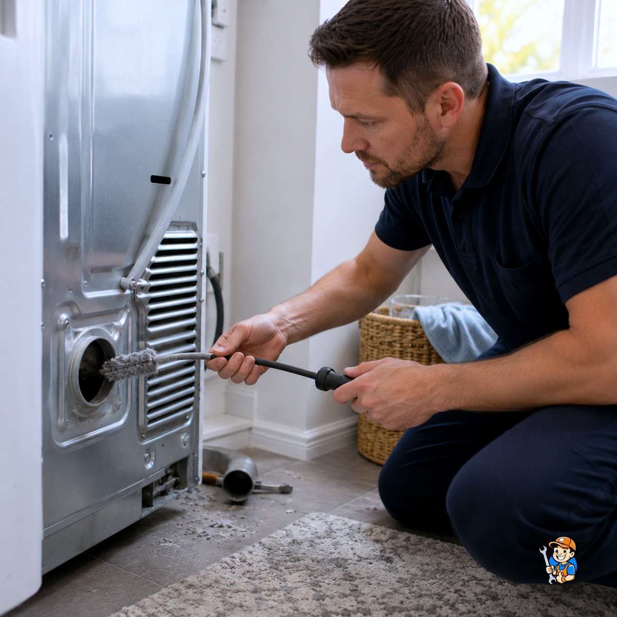 The Benefits of Preventative Maintenance in Oakville Homes 4 Technician clearing a dryer vent during a maintenance visit