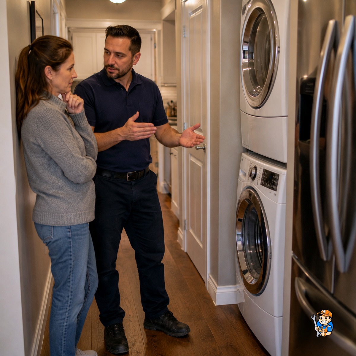 Keeping Your Home Running Smoothly: Oshawa Appliance Repair Guide 3 Technician checking water pressure and drainage near a washer and dryer