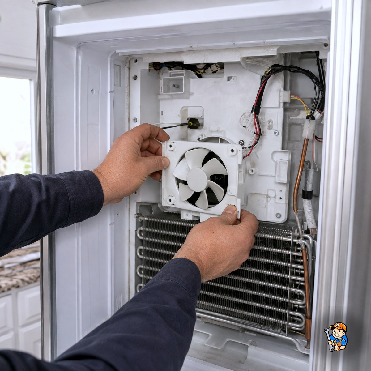 Technician replacing a refrigerator evaporator fan