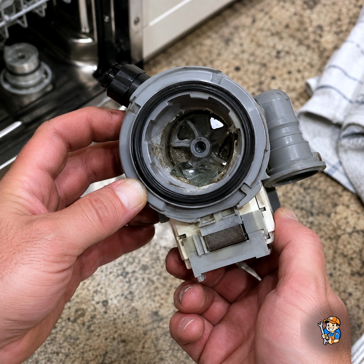 Technician cleaning debris from a dishwasher drain pump housing