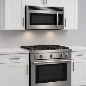Stainless over-the-range microwave mounted under cabinets above a gas range