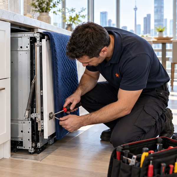 Technician adjusting the door spring of a panel-ready dishwasher slid out of its cabinet