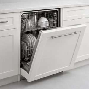 Certified Dishwasher Repair Service in Toronto 97 Panel-ready dishwasher with a white cabinet panel, door half open to show the racks