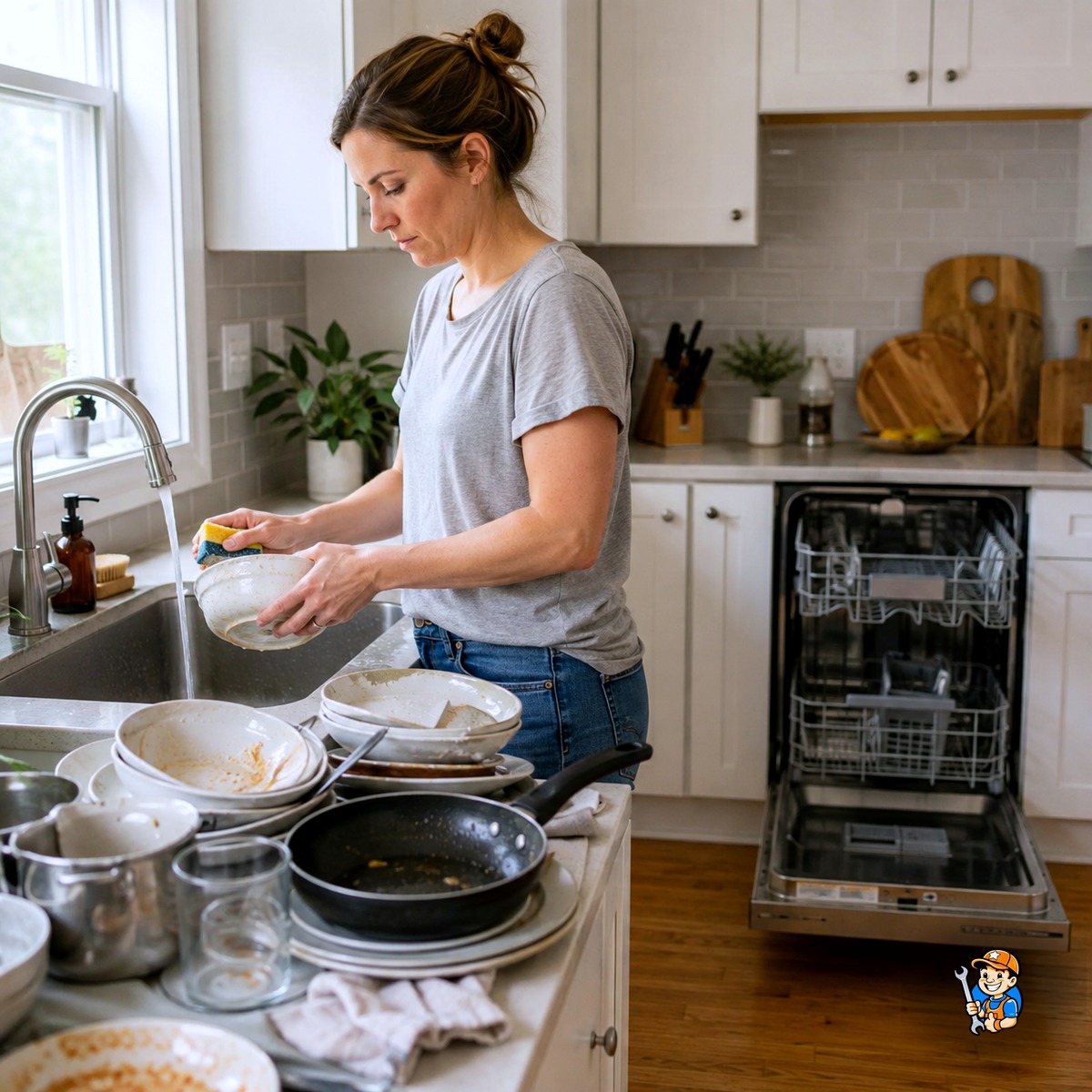 How Same-Day Repair in Pickering Saves You Time 2 Homeowner hand-washing dishes while waiting for a dishwasher repair