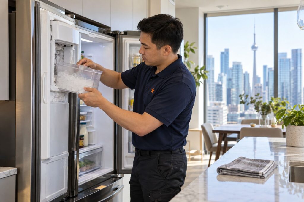 Technician removing the ice bucket from the door ice maker of a French-door refrigerator