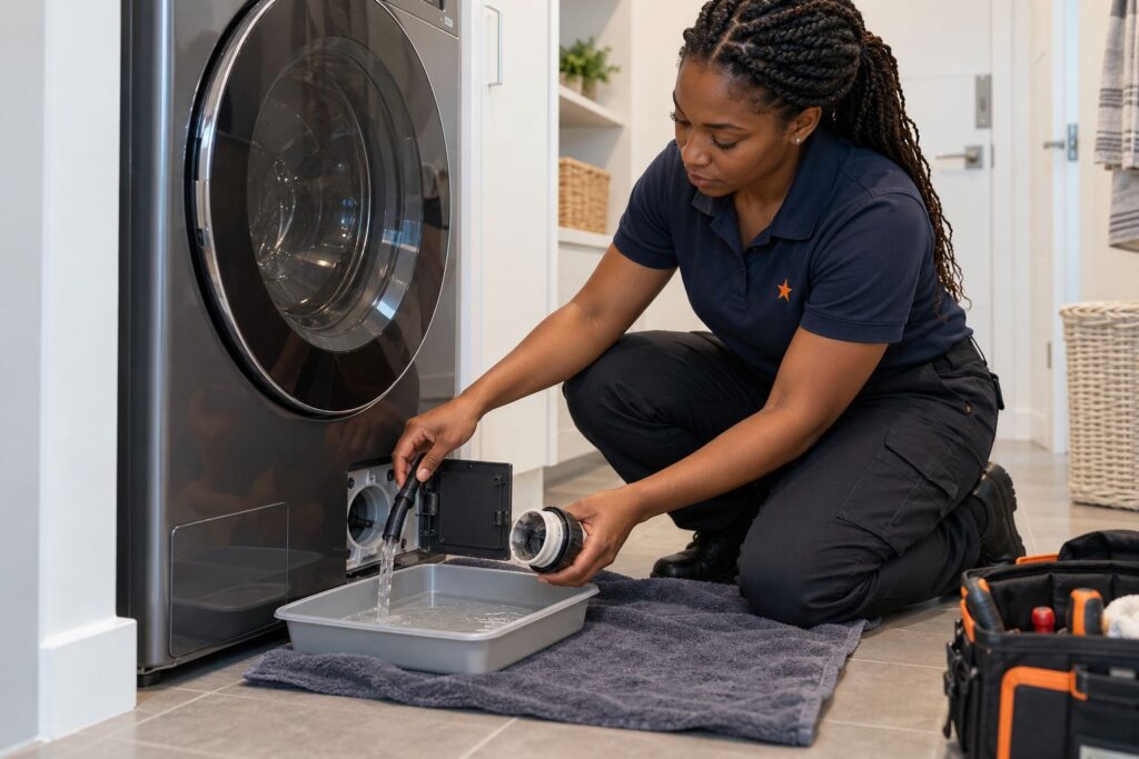 Washing Repair 1 Technician draining a front-load washer through the debris filter in a Toronto condo laundry room