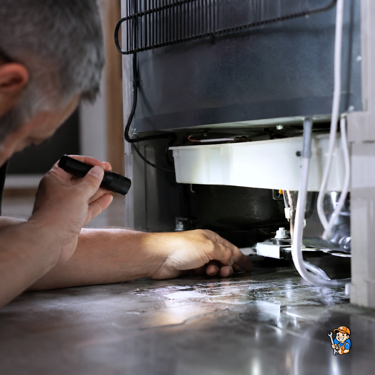 Avoid These Costly Appliance Mistakes in Scarborough 2 Technician inspecting a small leak under a refrigerator